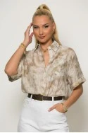 Πουκάμισο ριγέ με splash print και strass καφέ