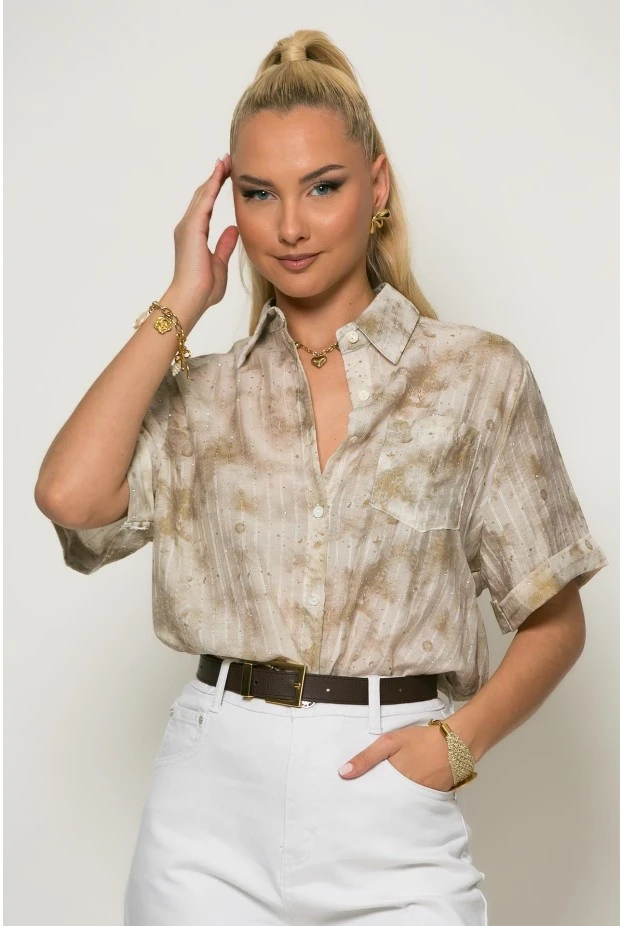 Πουκάμισο ριγέ με splash print και strass καφέ