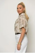 Πουκάμισο ριγέ με splash print και strass καφέ
