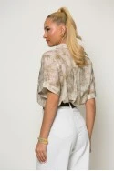 Πουκάμισο ριγέ με splash print και strass καφέ