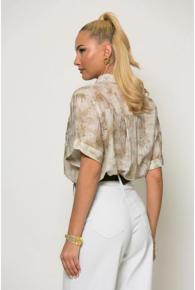 Πουκάμισο ριγέ με splash print και strass καφέ