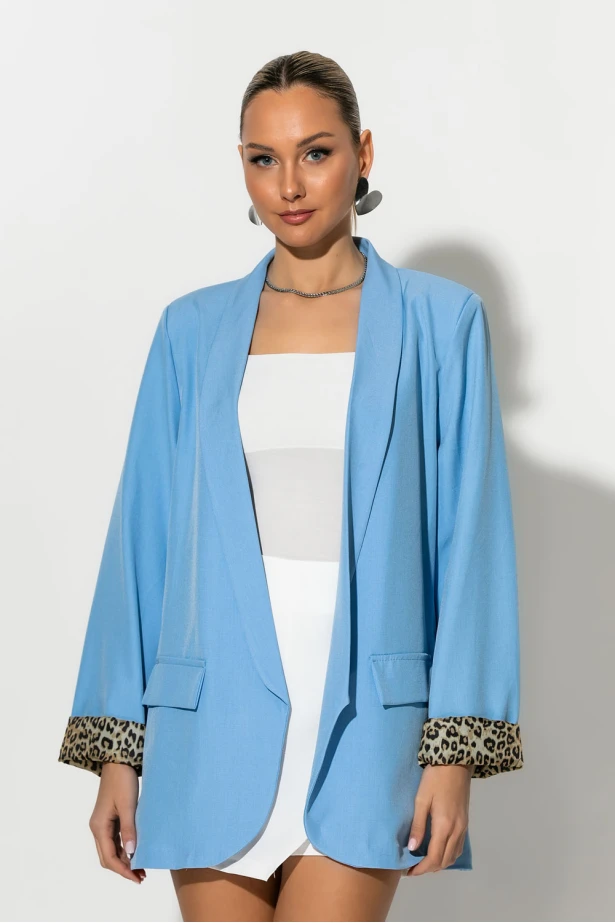 Blazer με φόδρα λεοπάρ γαλάζιο Blazer με φόδρα λεοπάρ γαλάζιο