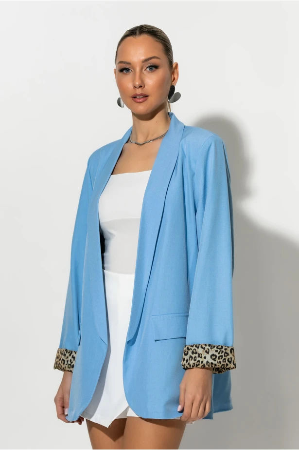 Blazer με φόδρα λεοπάρ γαλάζιο Blazer με φόδρα λεοπάρ γαλάζιο