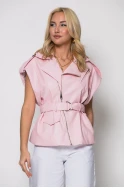 Jacket αμάνικο δερματίνη με ζώνη ροζ