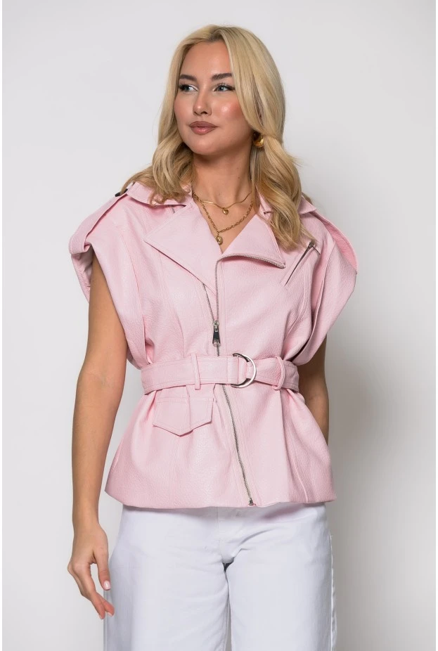 Jacket αμάνικο δερματίνη με ζώνη ροζ