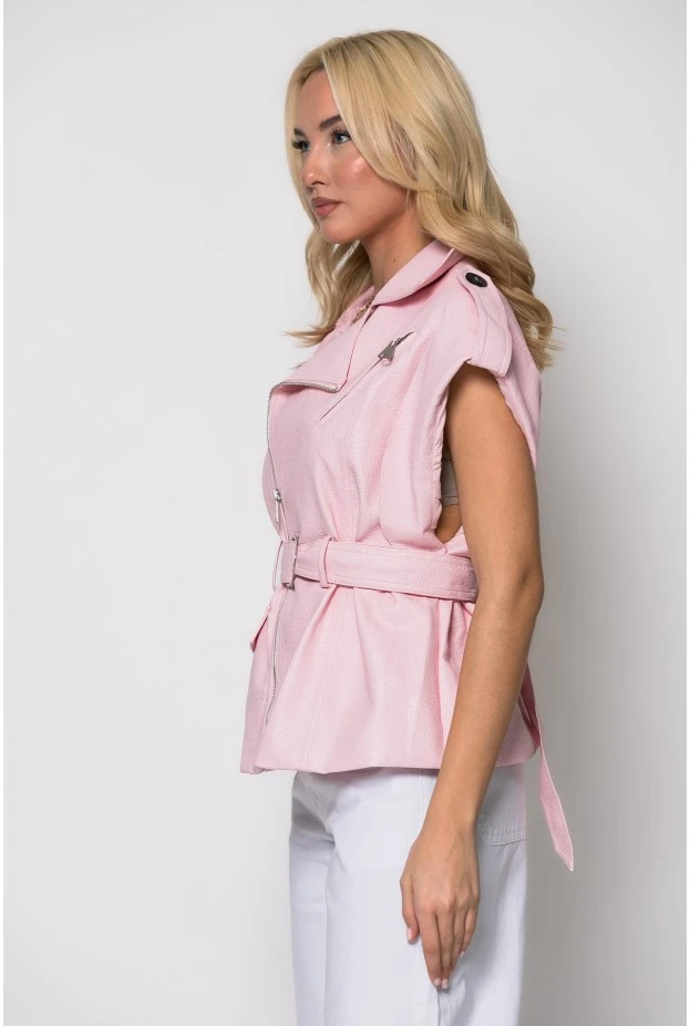 Jacket αμάνικο δερματίνη με ζώνη ροζ