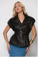 Jacket αμάνικο δερματίνη με ζώνη καφέ