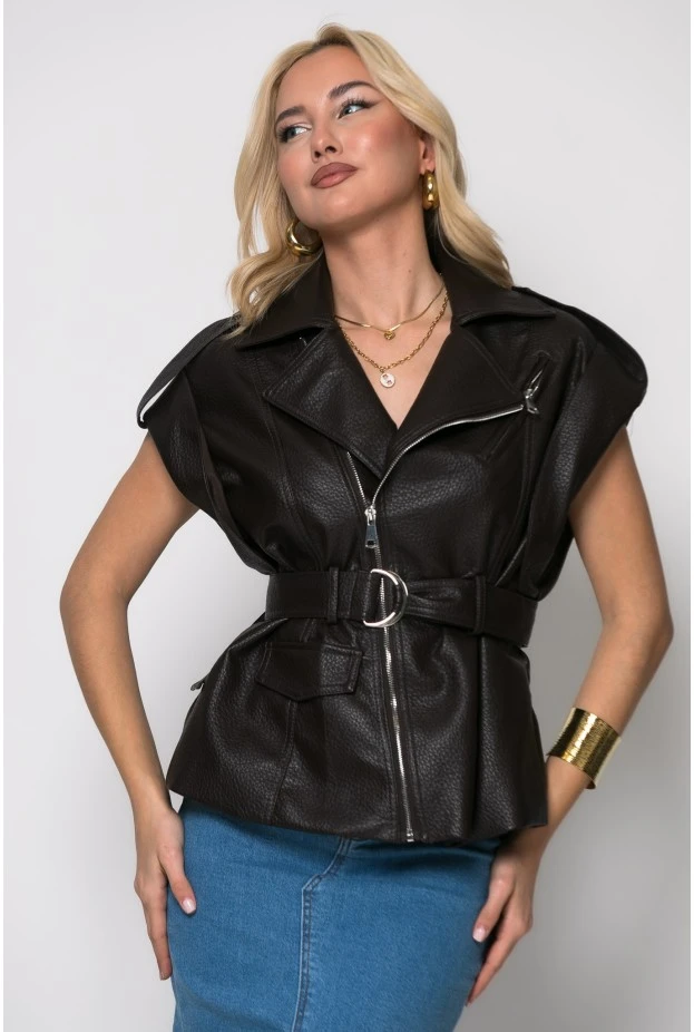 Jacket αμάνικο δερματίνη με ζώνη καφέ