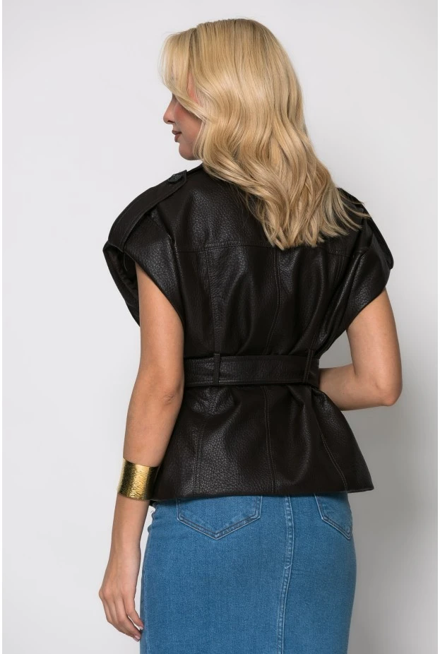 Jacket αμάνικο δερματίνη με ζώνη καφέ