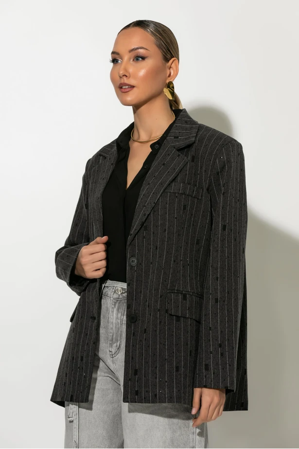 Blazer με ρίγες και στρας μαύρο Blazer με ρίγες και στρας μαύρο