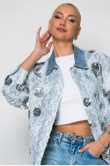 Jean jacket με δαντέλα και λουλούδια μπλε ανοιχτό