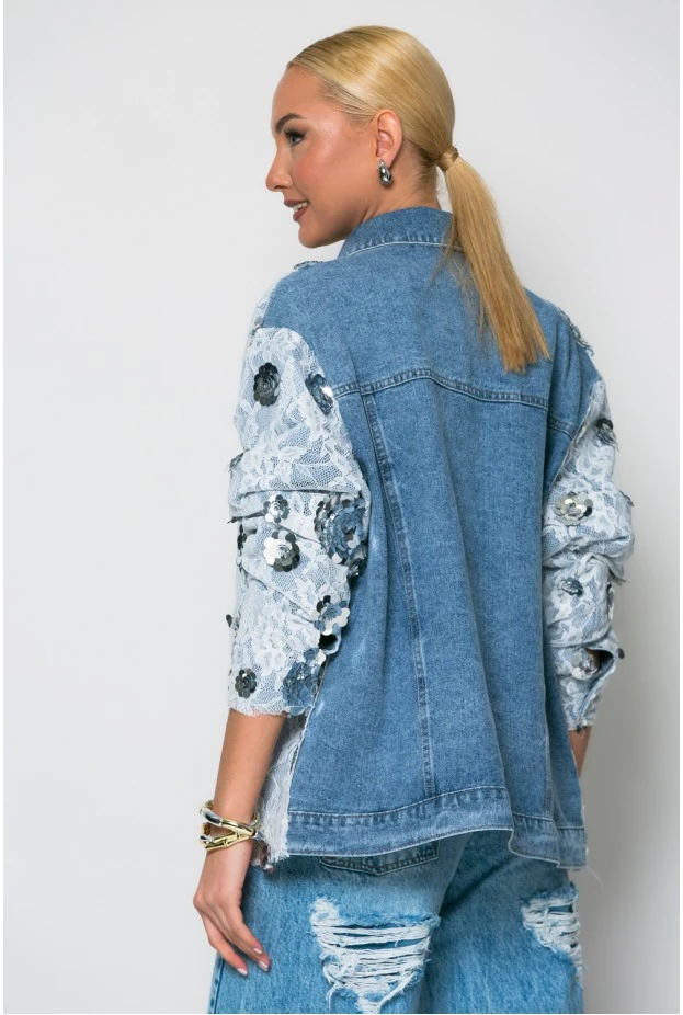 Jean jacket με δαντέλα και λουλούδια μπλε ανοιχτό