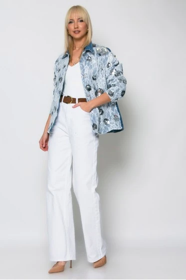 Jean jacket με δαντέλα και λουλούδια μπλε σκούρο
