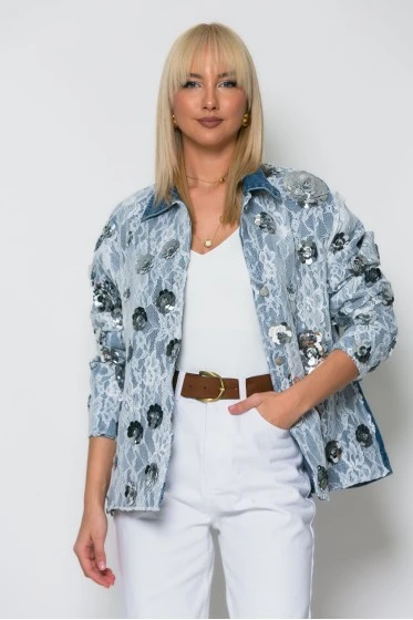 Jean jacket με δαντέλα και λουλούδια μπλε σκούρο