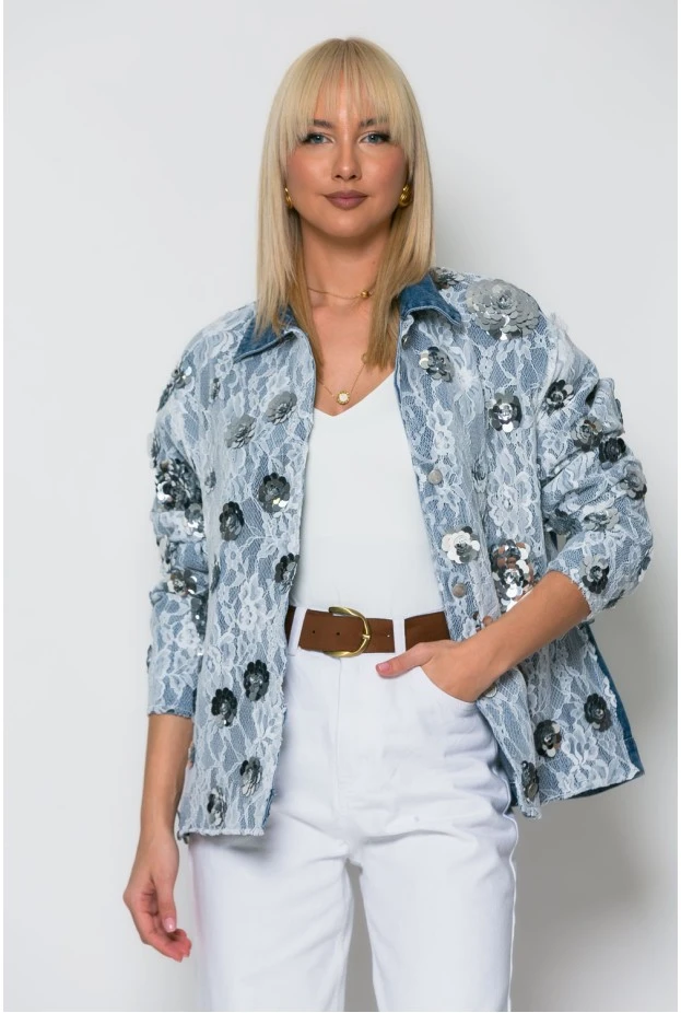 Jean jacket με δαντέλα και λουλούδια μπλε σκούρο