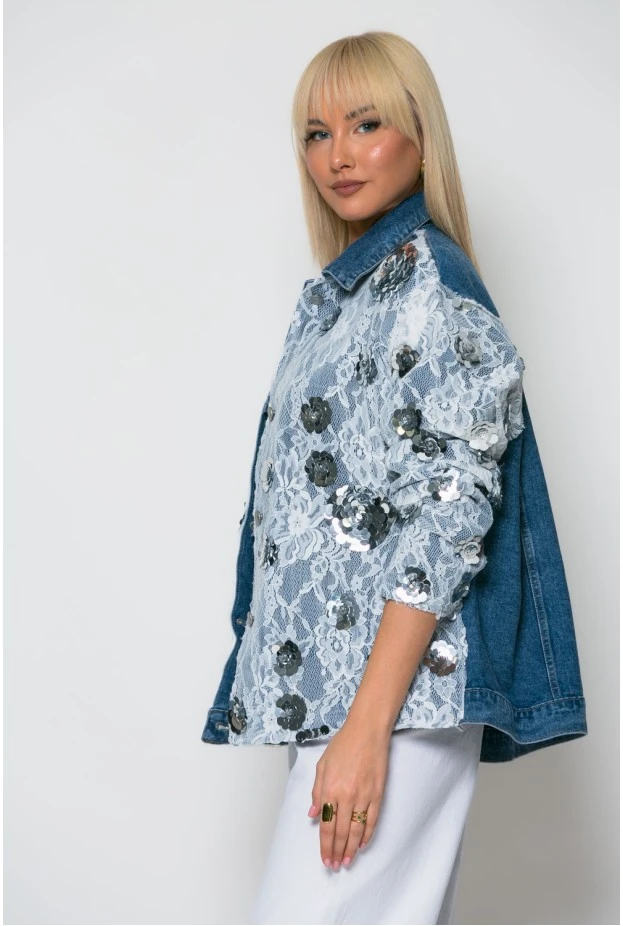 Jean jacket με δαντέλα και λουλούδια μπλε σκούρο