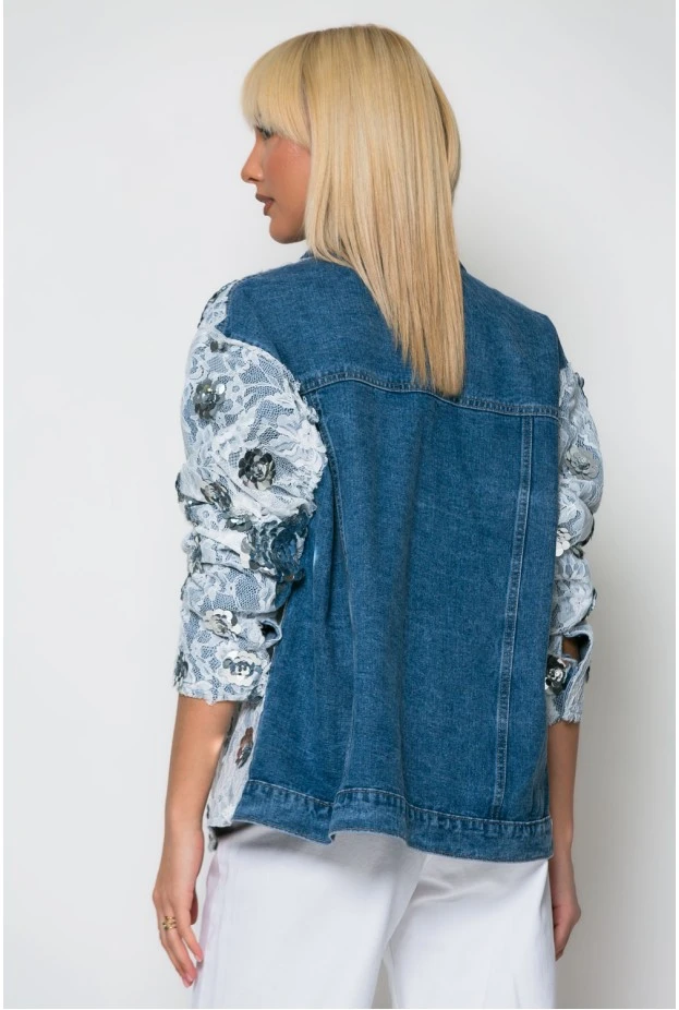 Jean jacket με δαντέλα και λουλούδια μπλε σκούρο