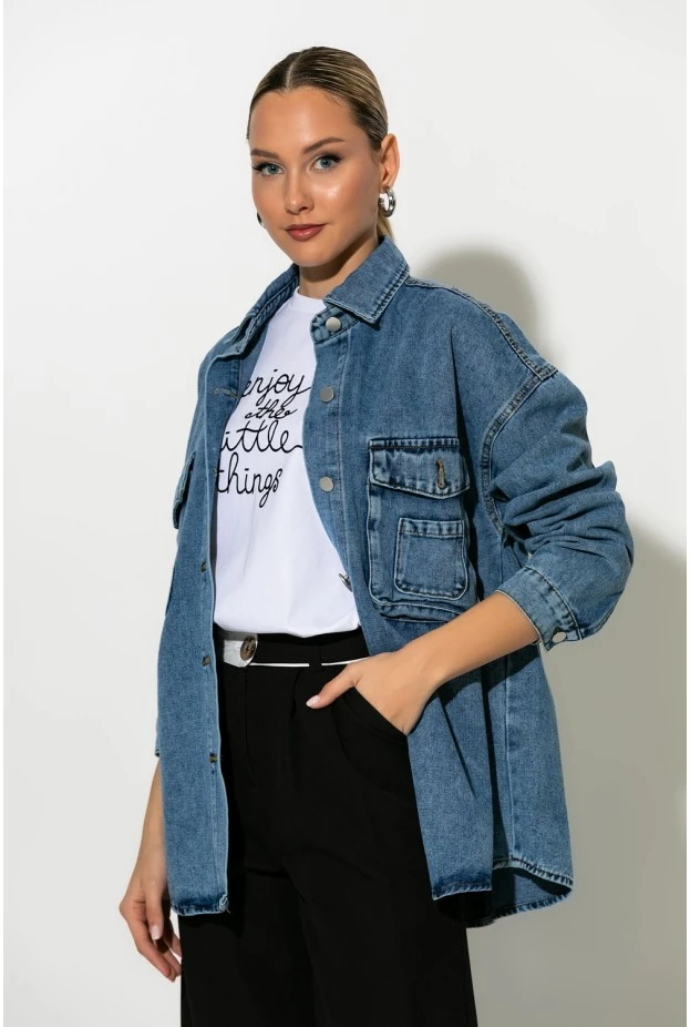 Oversized jean jacket με μεγάλες τσέπες μπλε