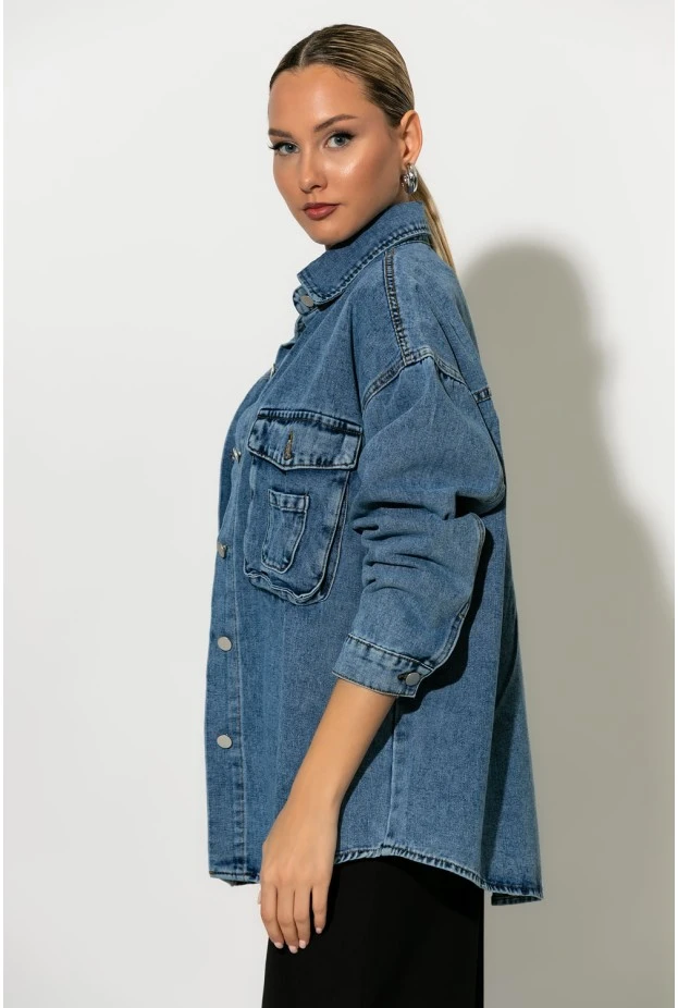 Oversized jean jacket με μεγάλες τσέπες μπλε