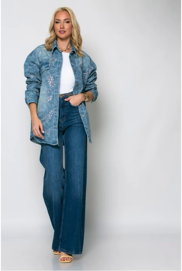 Oversized jean jacket με λαχούρι και στρας μπλε