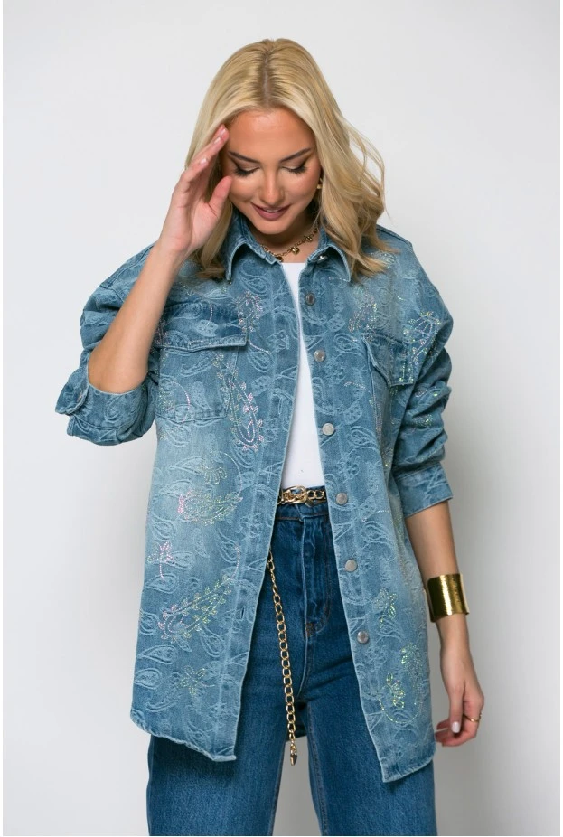 Oversized jean jacket με λαχούρι και στρας μπλε