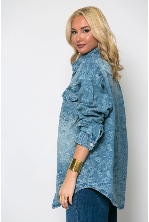 Oversized jean jacket με λαχούρι και στρας μπλε