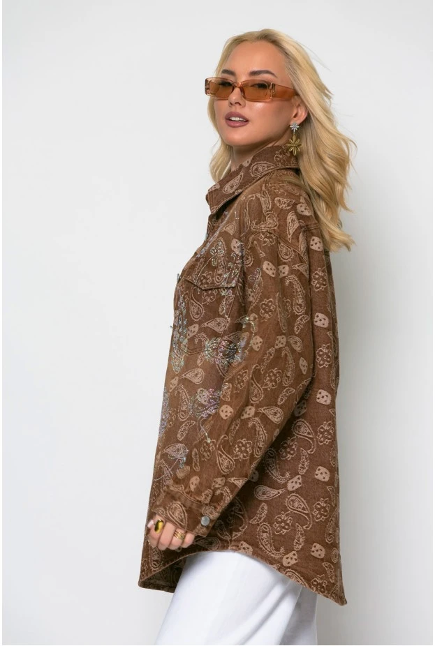 Oversized jean jacket με λαχούρι και στρας καφέ