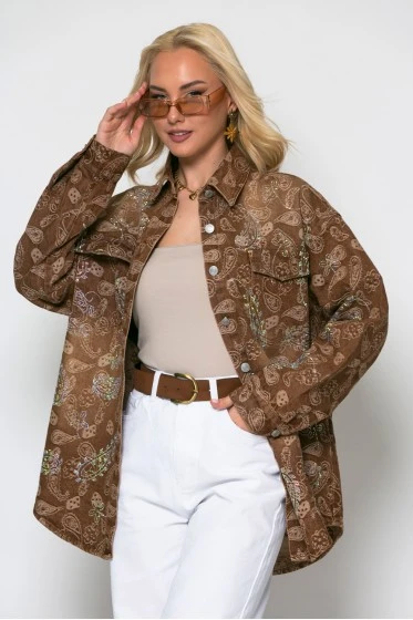 Oversized jean jacket με λαχούρι και στρας καφέ