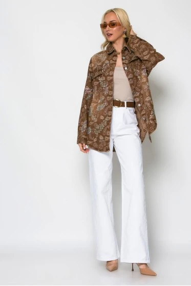Oversized jean jacket με λαχούρι και στρας καφέ