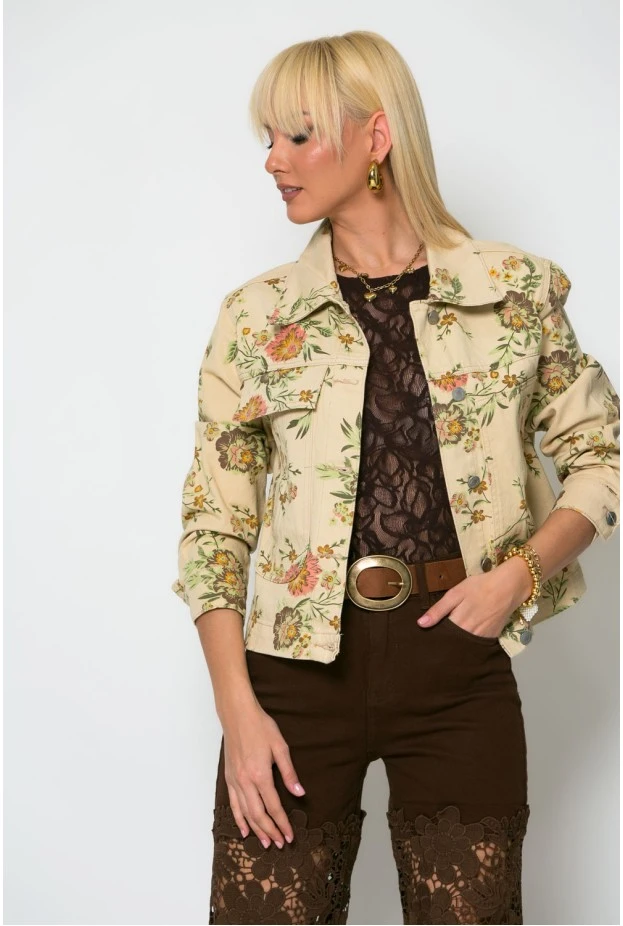 Jean jacket floral μπεζ