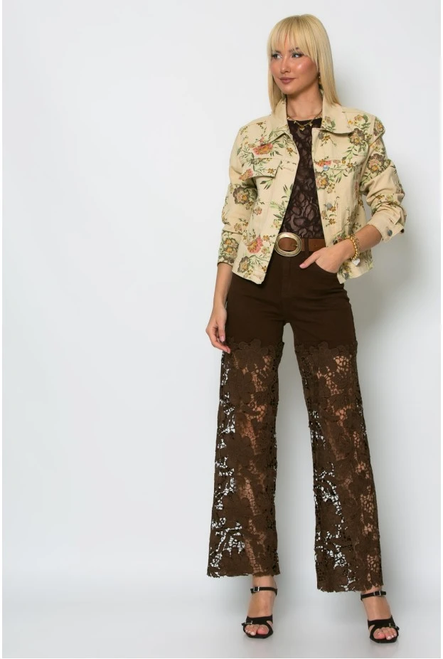 Jean jacket floral μπεζ