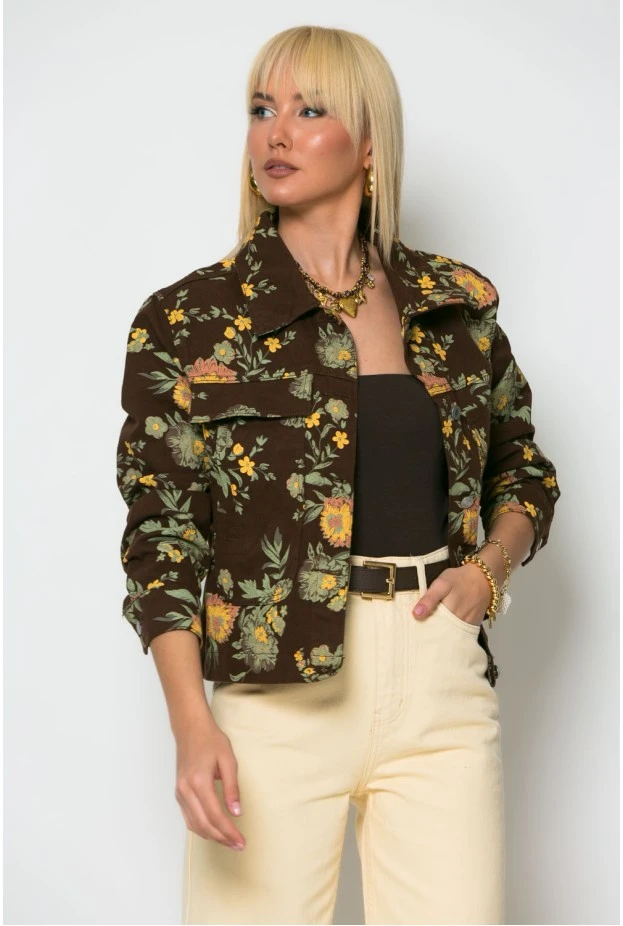 Jean jacket floral καφέ