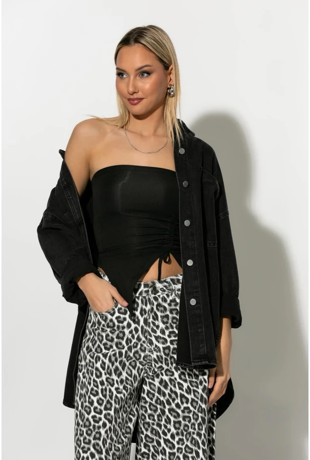 Oversized jean jacket με μεγάλες τσέπες μαύρο
