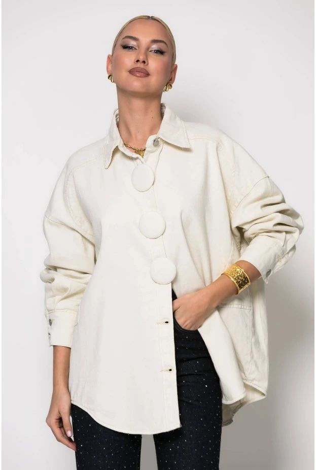 Oversized jean jacket με μεγάλα κουμπιά μπεζ