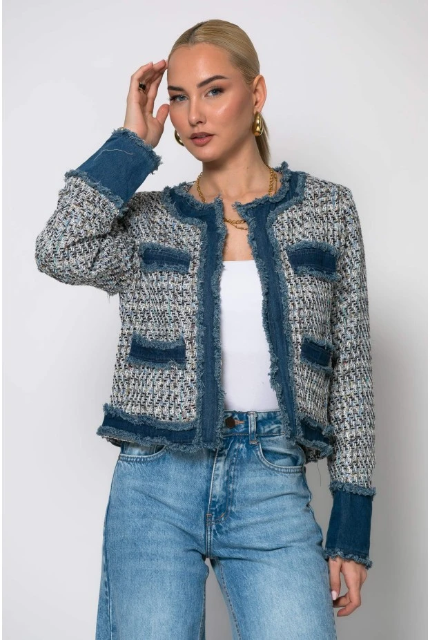 Jacket tweed με jean λεπτομέρειες μαύρο