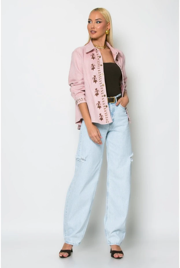 Jacket σουέντ με floral baroque σχέδια ροζ