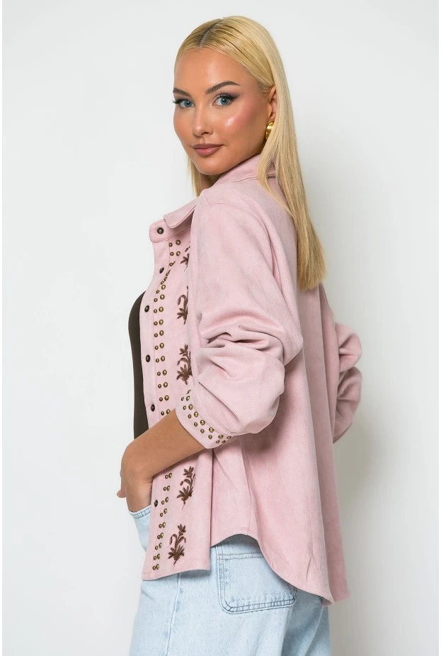 Jacket σουέντ με floral baroque σχέδια ροζ