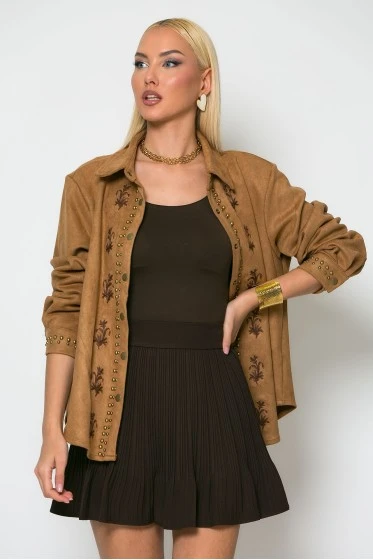 Jacket σουέντ με floral baroque σχέδια καφέ