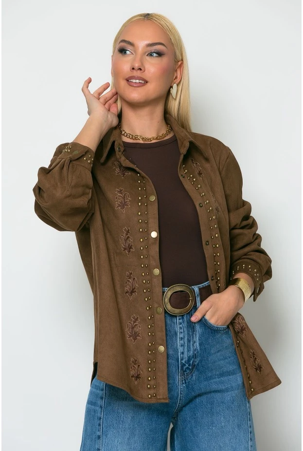 Jacket σουέντ με floral baroque σχέδια καφέ