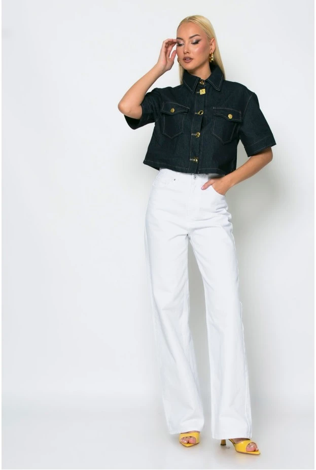 Cropped jean jacket κοντομάνικο με ιδιαίτερα κουμπιά μπλε ντένιμ