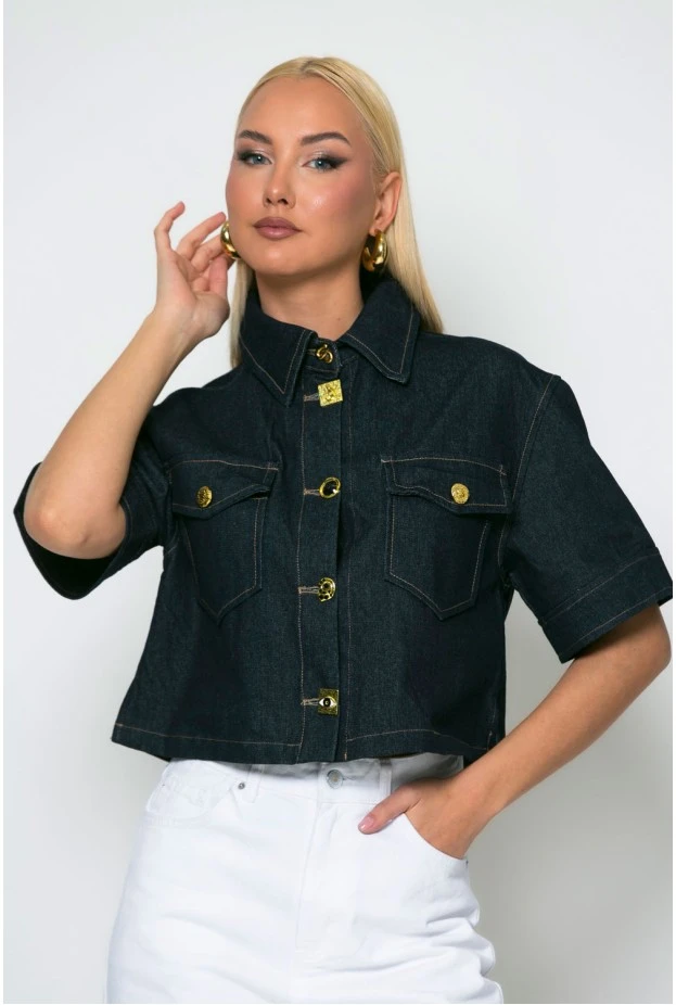 Cropped jean jacket κοντομάνικο με ιδιαίτερα κουμπιά μπλε ντένιμ