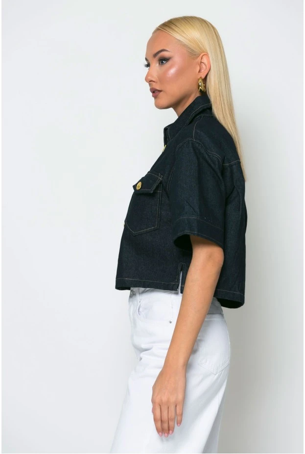 Cropped jean jacket κοντομάνικο με ιδιαίτερα κουμπιά μπλε ντένιμ