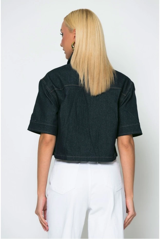 Cropped jean jacket κοντομάνικο με ιδιαίτερα κουμπιά μπλε ντένιμ