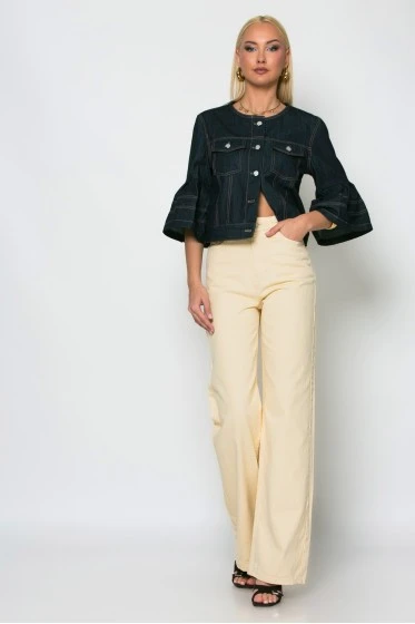 Cropped jean jacket με βολάν στο μανίκι μπλε ντένιμ