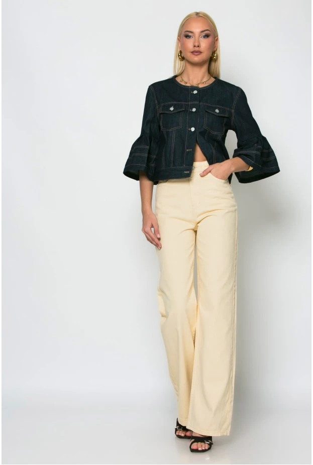 Cropped jean jacket με βολάν στο μανίκι μπλε ντένιμ