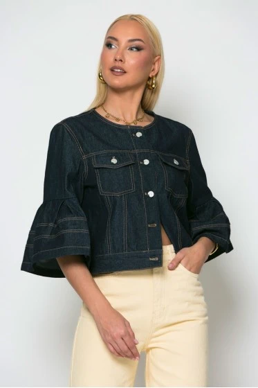 Cropped jean jacket με βολάν στο μανίκι μπλε ντένιμ