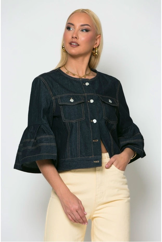 Cropped jean jacket με βολάν στο μανίκι μπλε ντένιμ