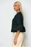 Cropped jean jacket με βολάν στο μανίκι μπλε ντένιμ