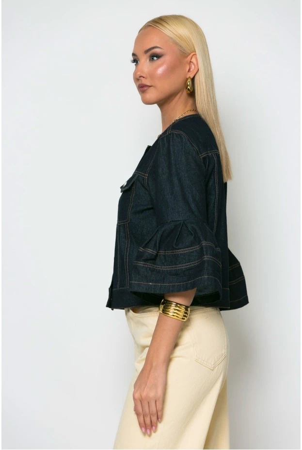 Cropped jean jacket με βολάν στο μανίκι μπλε ντένιμ