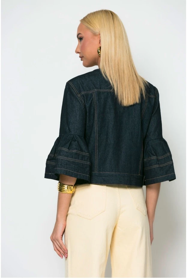 Cropped jean jacket με βολάν στο μανίκι μπλε ντένιμ